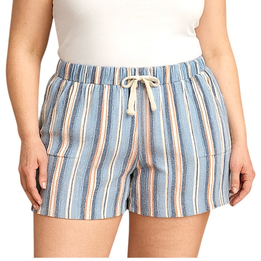 Lane Bryant 26/28 Linen Blend Striped Pull-On Shorts Blue Multicolor Pockets EUC